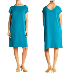 NEW Eileen Fisher T Shirt Knit Dress V Back Cap Sleeves Turquoise Blue Size XS